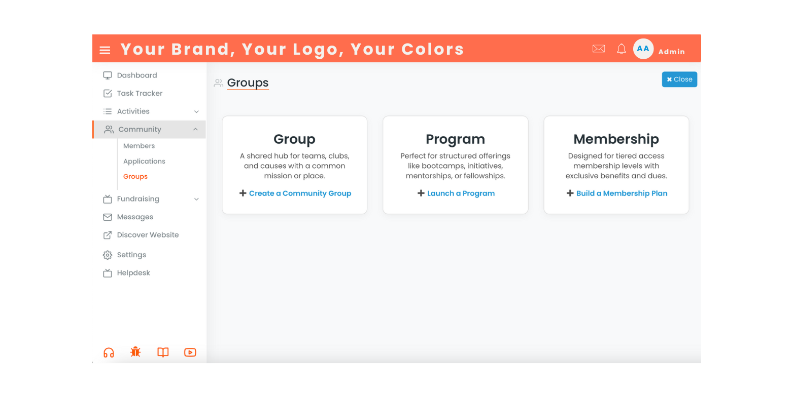 White Label Community Platform Dashboard for Organizations
